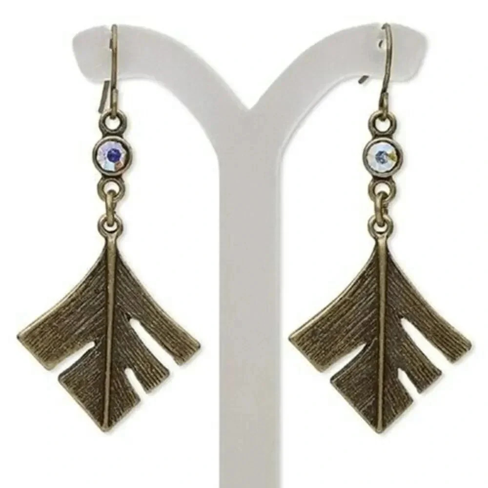 Antiqued Brass Carved Geometric Leaf and Czech Crystal Steampunk Dangle Earrings
